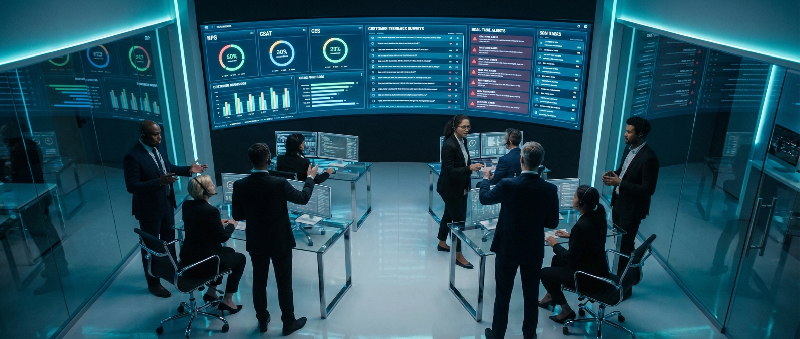 Futuristic dashboard showing customer feedback surveys and real-time alerts