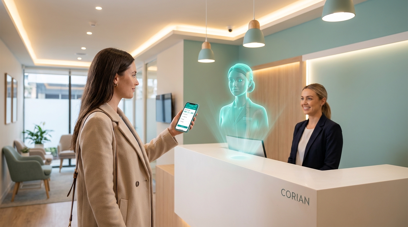 AI-powered patient booking for US dermatology clinics visualized at clinic reception